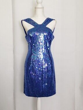 Vintage Robert Anthony Blue Sequin Cross-Strap Mini Dress